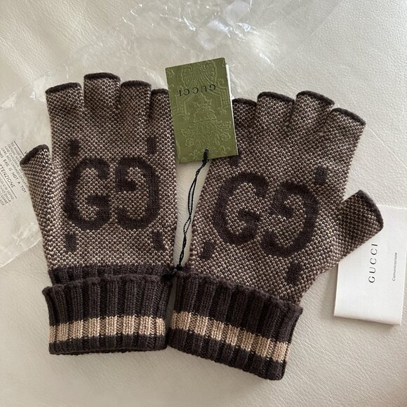 NWT GUCCI  Cashmere GG Fingerless Gloves L Beige Dark Brown 100% Authentic - Picture 2 of 6